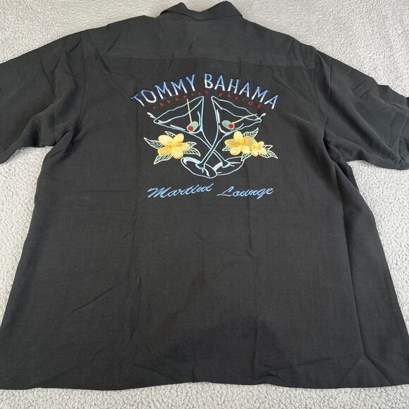 Tommy Bahama Shirt Mens XL Black Silk Martini Lounge Embroidered Camp Spellout - Picture 7 of 13